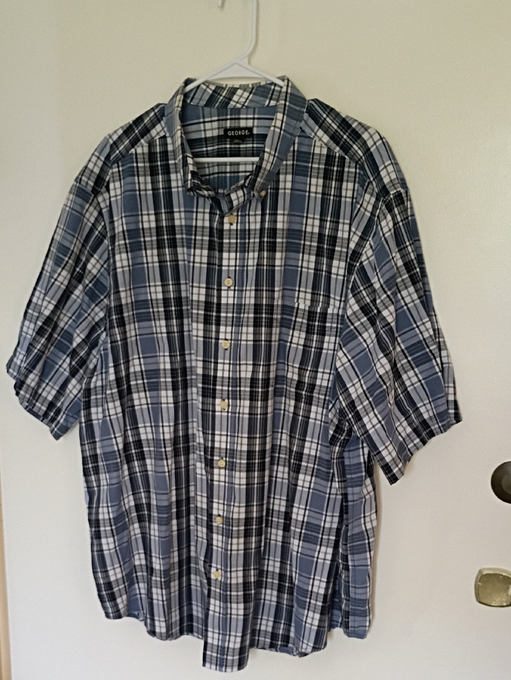 George Blue and Black Plaid Short-Sleeve Button-Down Shirt